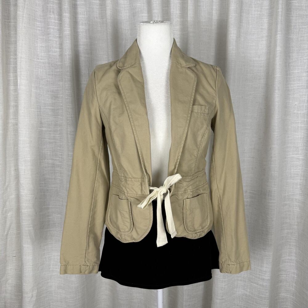 Old Navy Blazer Jacket Womens Small Beige Cotton Twill Tie Waist Pockets Short